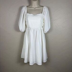 White Smocked Peasant Dress Mini Medium Puff Sleeve Pleated Smocked Romantic